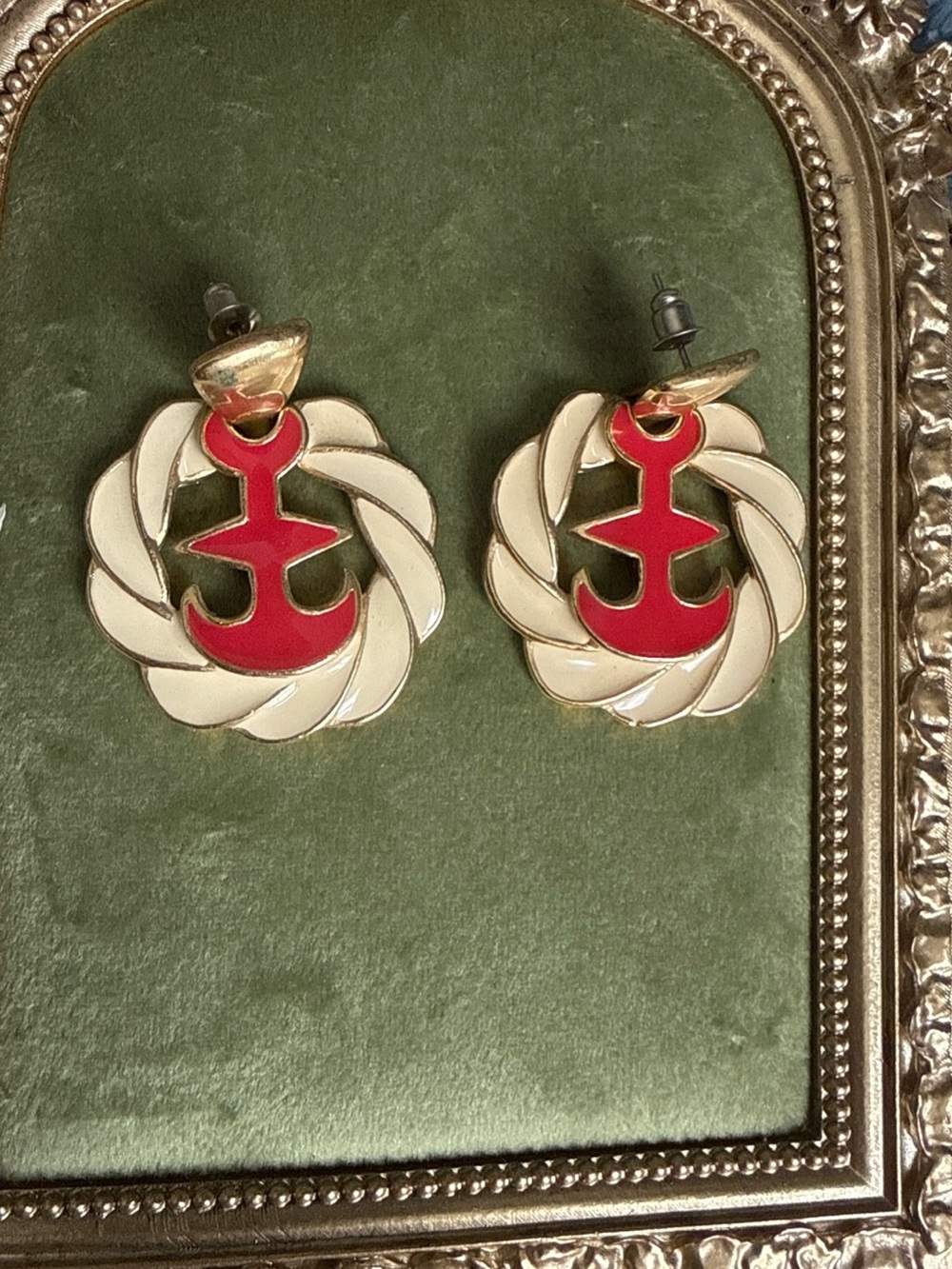 Vintage Nautical Anchor Dangle Earrings Gold tone Cream and Red Enamel 80s/90s